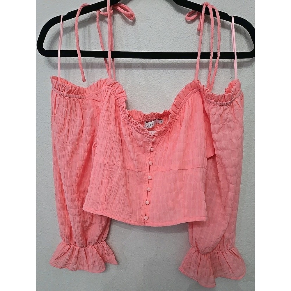 Lush Womens Cropped Puff Sleeve Off‎ the Shoulder Button Front Blouse Sz L NWT